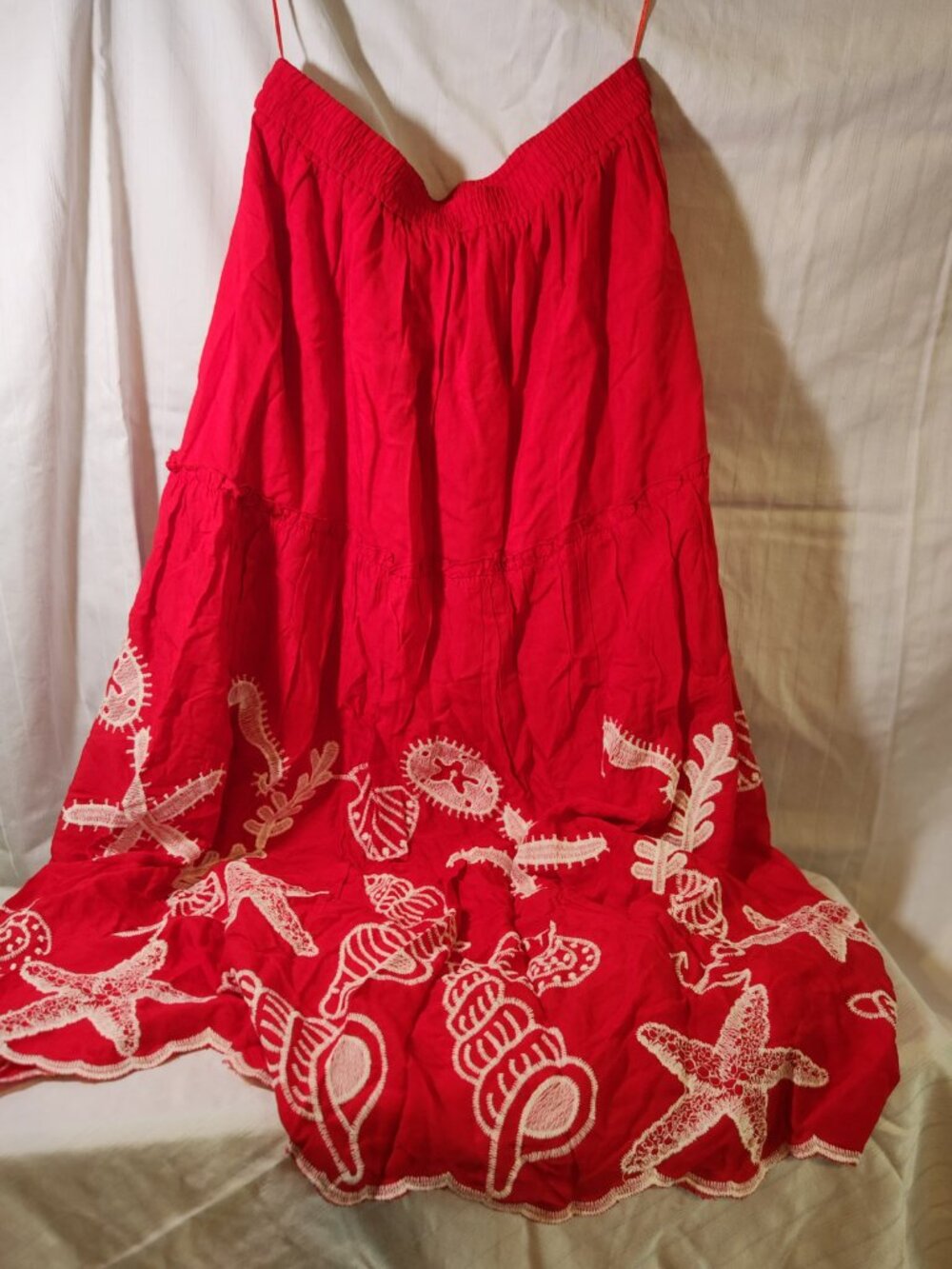 Laffaire Los Angeles Red Rayon Sea Shell Embroidered Maxi Skirt Women's Size M - Picture 9 of 11